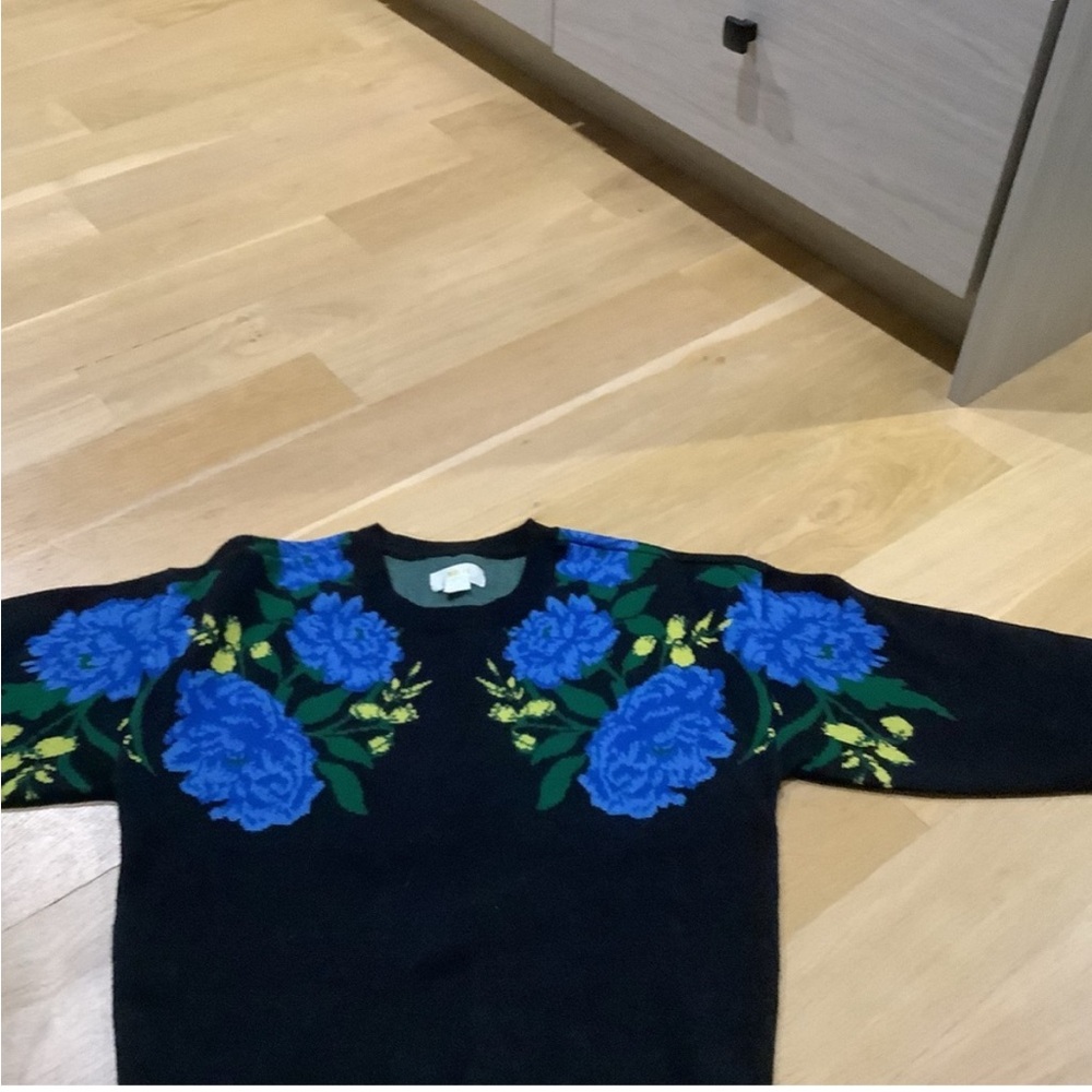 Anthropologie Maeve Black Sweater with Green Pattern